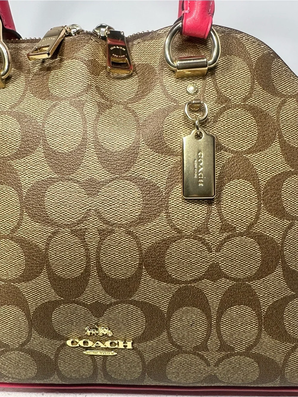 Coach 2020 Signature Katy Satchel Crossbody Handbag In Khaki Fuchsia. Like New! - Picture 9 of 9